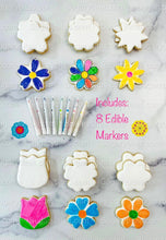 Load image into Gallery viewer, Flower Cookie Coloring Kit with 12 Cookies and 8 Edible Ink Markers, Color your own Flower/Mother’s Day Sugar Cookies Kit!
