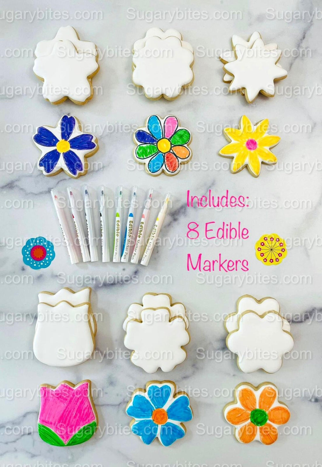 Flower Cookie Coloring Kit with 12 Cookies and 8 Edible Ink Markers, Color your own Flower/Mother’s Day Sugar Cookies Kit!