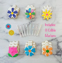 Load image into Gallery viewer, Flower Cookie Coloring Kit with 12 Cookies and 8 Edible Ink Markers, Color your own Flower/Mother’s Day Sugar Cookies Kit!
