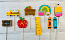 Load image into Gallery viewer, Back to School Pops, Teacher Appreciation Week Cookies, 12 LARGE DECORATED POPS, Perfect as a gift, for events, favors, or just to snack on!
